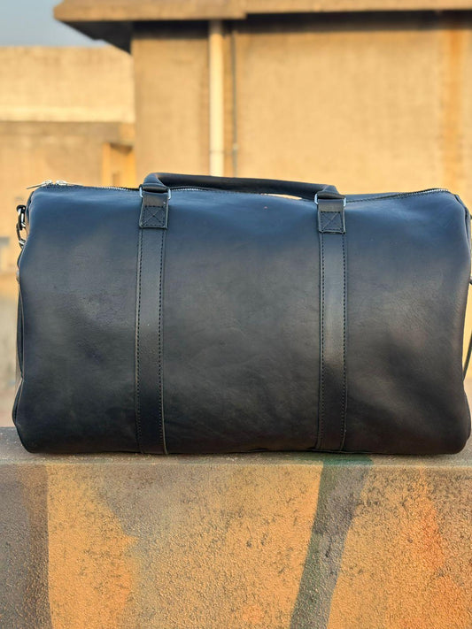 Leather Tennis Duffle Bag black, Genuine Full-Grain Weekender Luggage