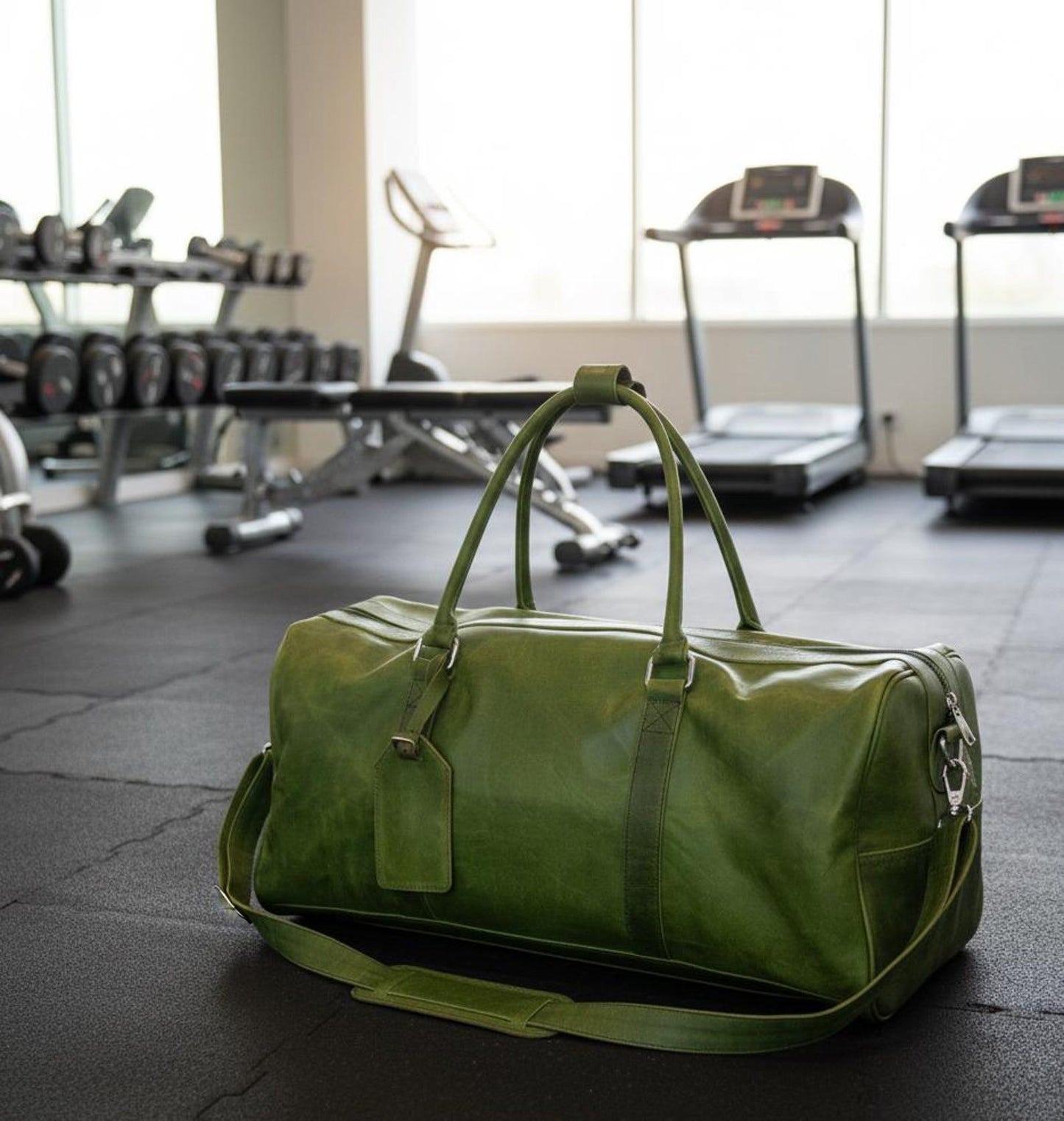 Vintage Green Leather Duffle Bag,Full Grain Travel Luggage,Weekender Duffel