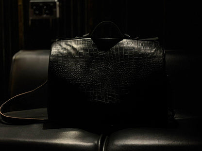 Handcrafted Crocodile Embossed Leather Duffle Bag,Black Travel Bag