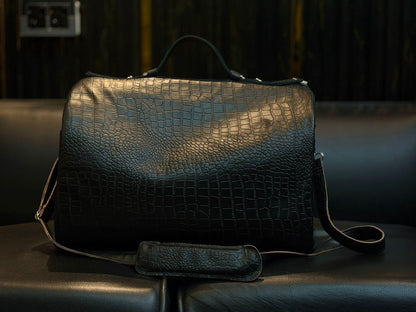 Handcrafted Crocodile Embossed Leather Duffle Bag,Black Travel Bag