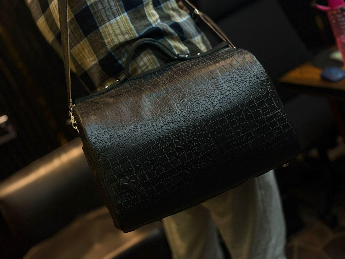 Handcrafted Crocodile Embossed Leather Duffle Bag,Black Travel Bag