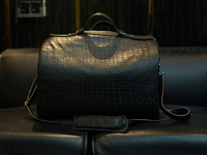 Handcrafted Crocodile Embossed Leather Duffle Bag,Black Travel Bag