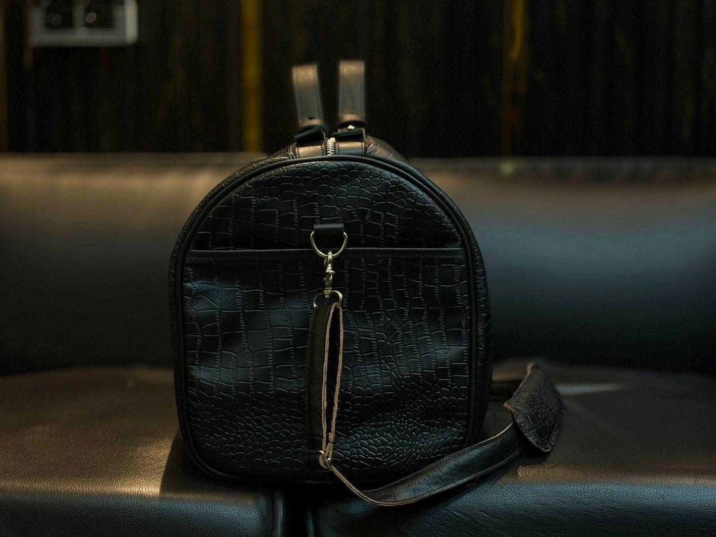 Handcrafted Crocodile Embossed Leather Duffle Bag,Black Travel Bag