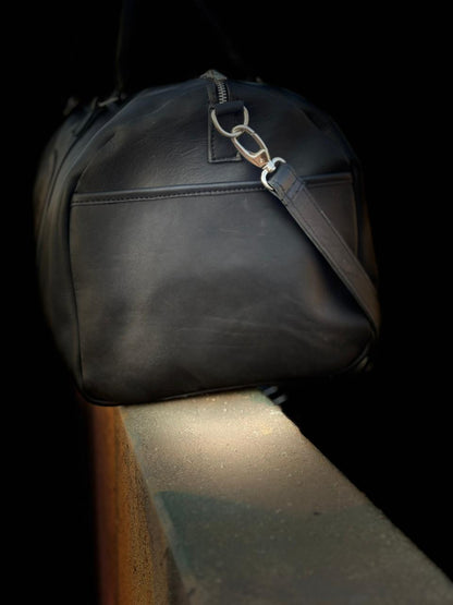 Leather Tennis Duffle Bag black, Genuine Full-Grain Weekender Luggage