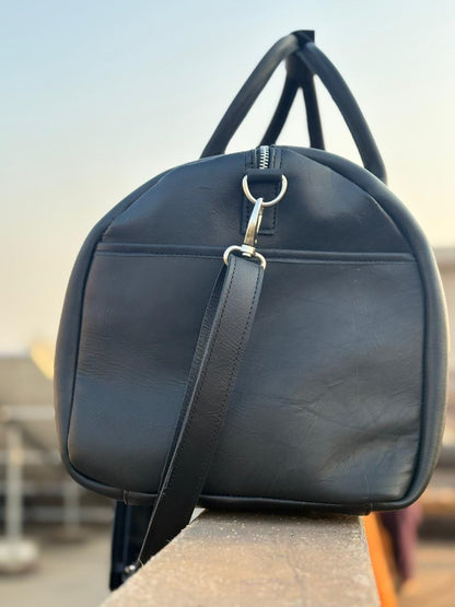 Leather Tennis Duffle Bag black, Genuine Full-Grain Weekender Luggage