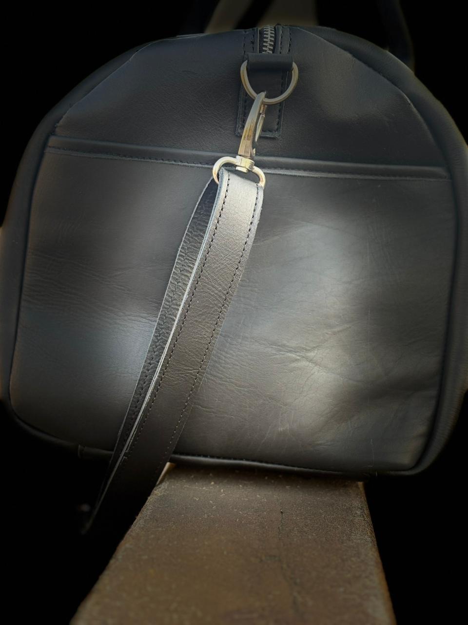 Leather Tennis Duffle Bag black, Genuine Full-Grain Weekender Luggage