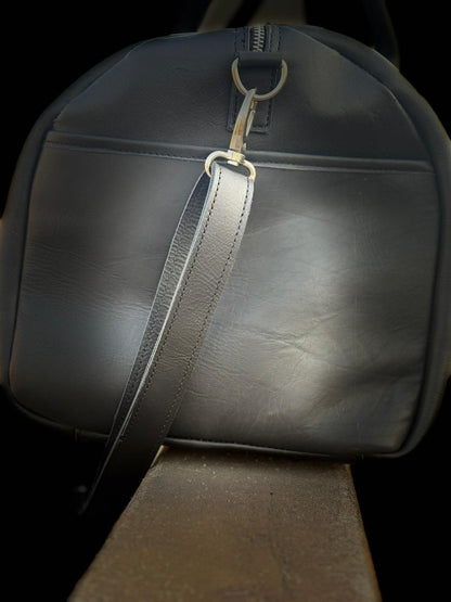 Leather Tennis Duffle Bag black, Genuine Full-Grain Weekender Luggage