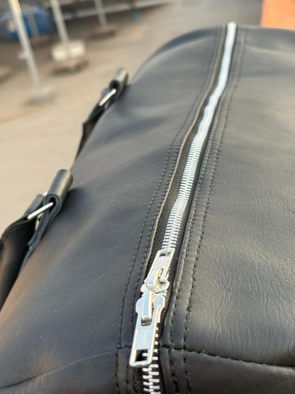 Leather Tennis Duffle Bag black, Genuine Full-Grain Weekender Luggage