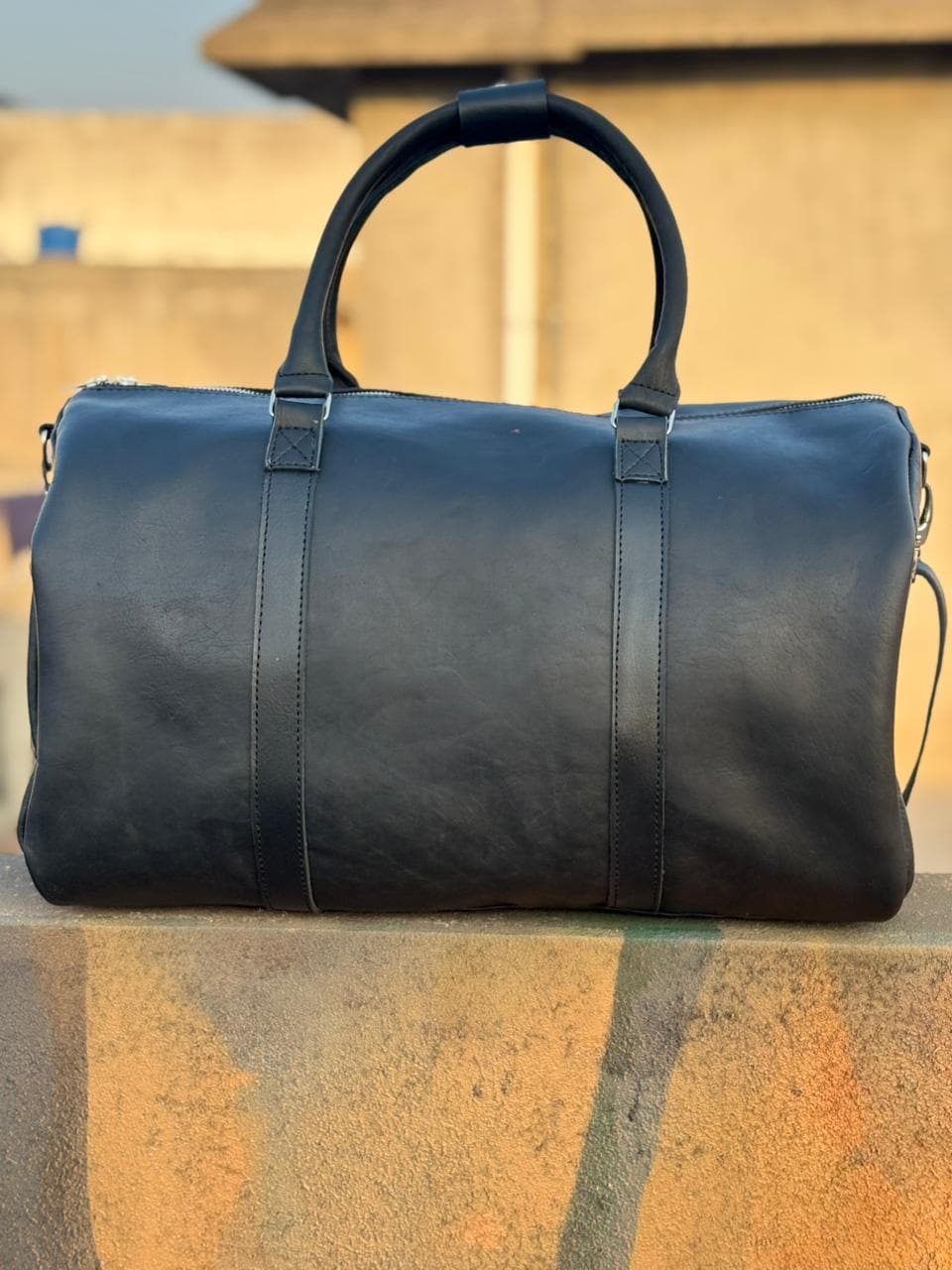 Leather Tennis Duffle Bag black, Genuine Full-Grain Weekender Luggage