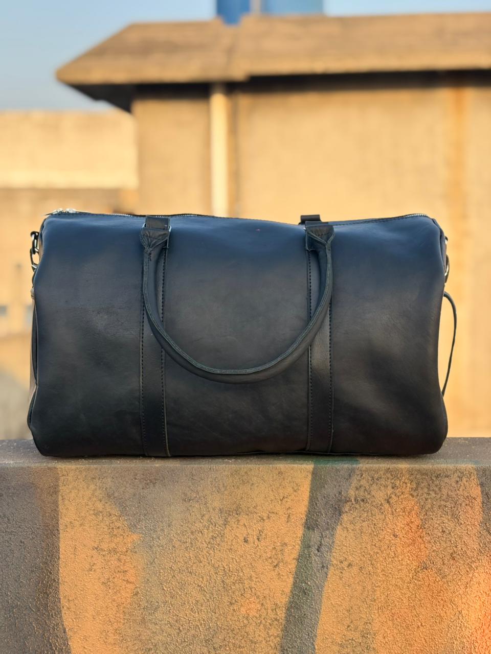 Leather Tennis Duffle Bag black, Genuine Full-Grain Weekender Luggage