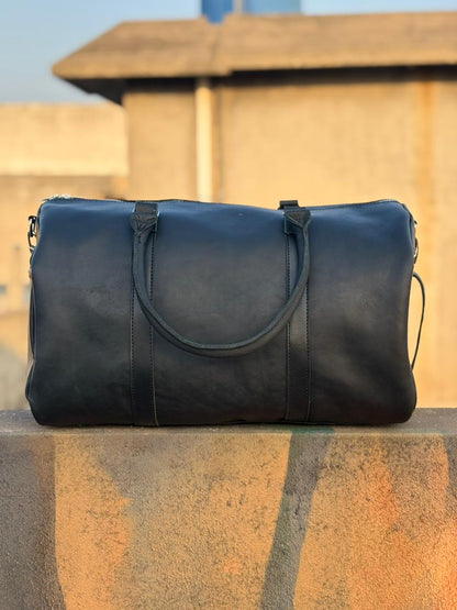 Leather Tennis Duffle Bag black, Genuine Full-Grain Weekender Luggage