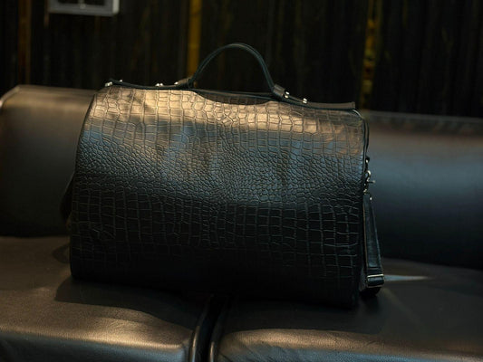 Handcrafted Crocodile Embossed Leather Duffle Bag,Black Travel Bag