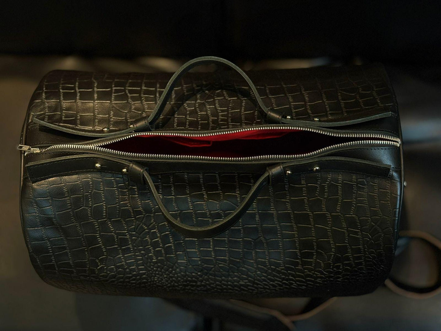 Handcrafted Crocodile Embossed Leather Duffle Bag,Black Travel Bag