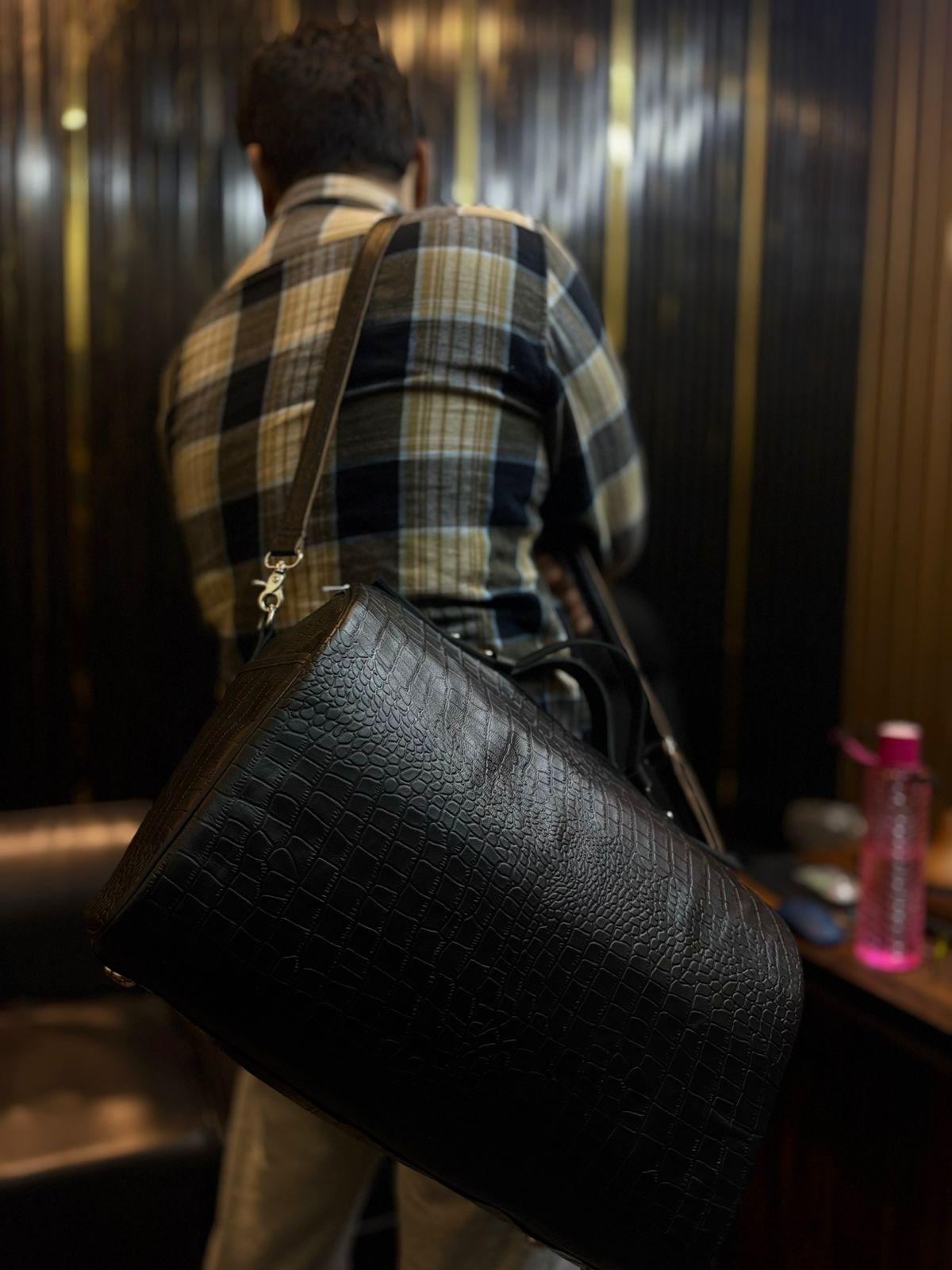 Handcrafted Crocodile Embossed Leather Duffle Bag,Black Travel Bag
