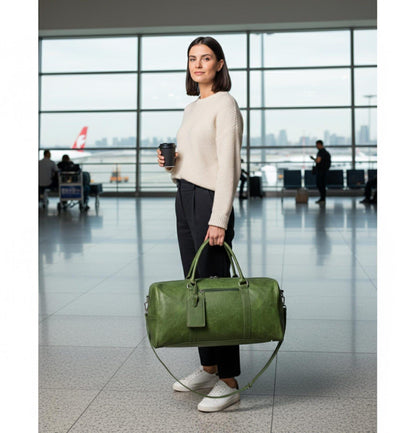 Vintage Green Leather Duffle Bag,Full Grain Travel Luggage,Weekender Duffel