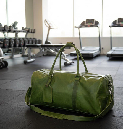 Vintage Green Leather Duffle Bag,Full Grain Travel Luggage,Weekender Duffel