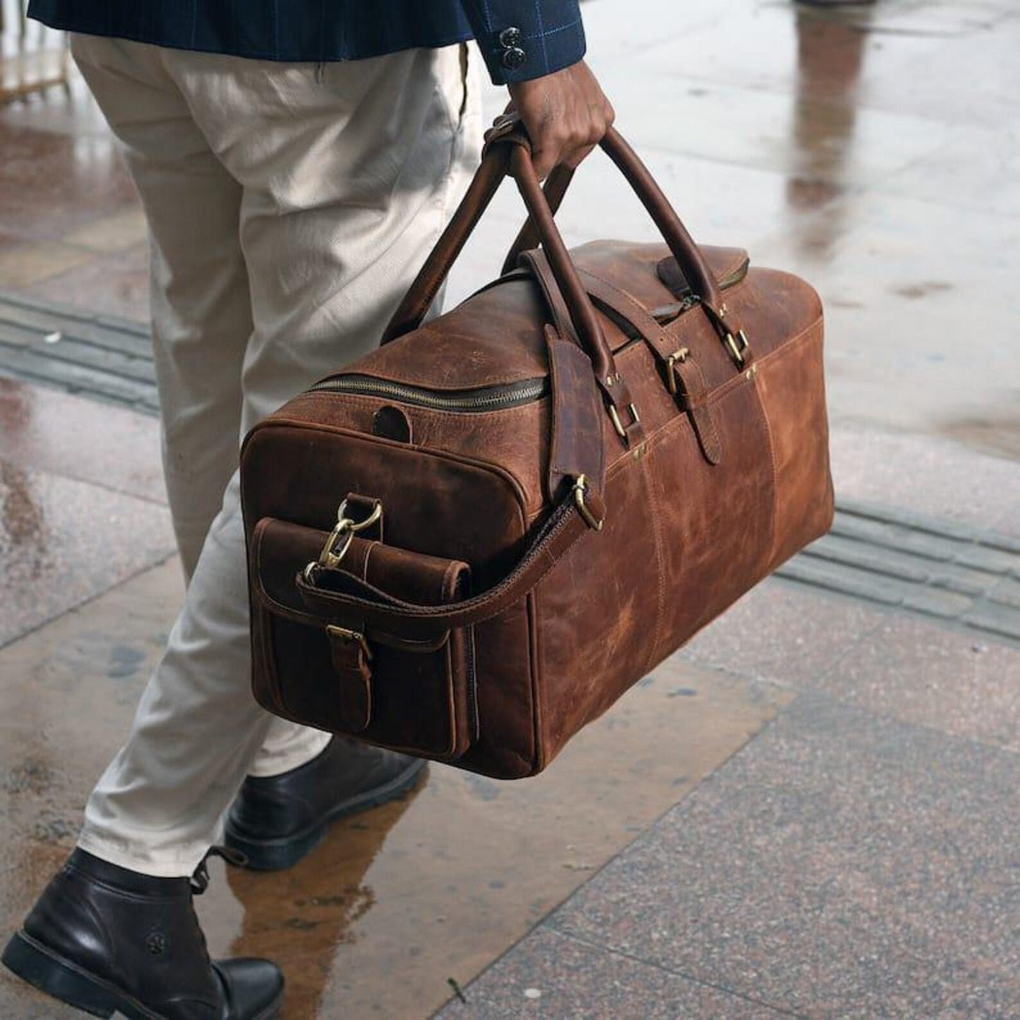 Personalized full grain leather duffle bag-brown travel weekender