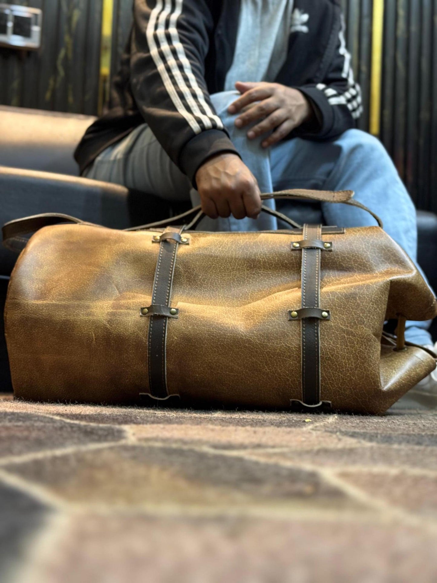 Handmade Buffed Top Grain Leather Motorcycle Duffle Bag, Biker Cabin Weekender Camping Bag