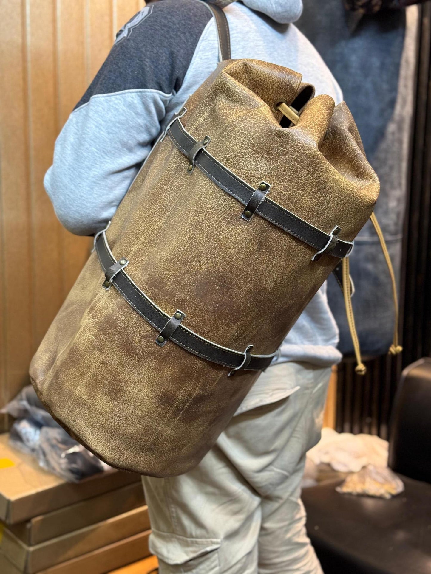Handmade Buffed Top Grain Leather Motorcycle Duffle Bag, Biker Cabin Weekender Camping Bag