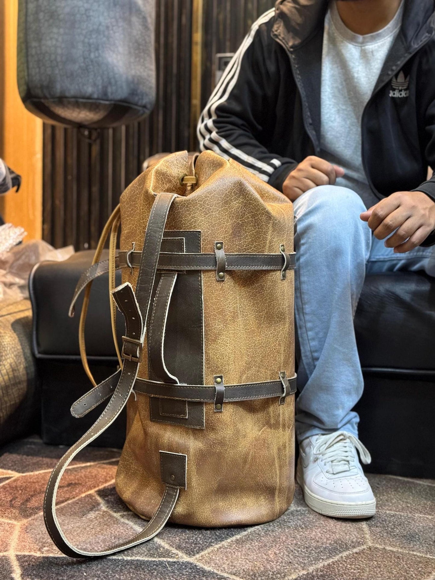 Handmade Buffed Top Grain Leather Motorcycle Duffle Bag, Biker Cabin Weekender Camping Bag