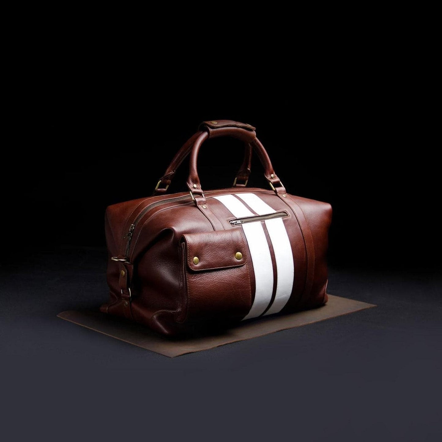 Retro Leather Duffle Bag, White Stripes, Handmade Weekender Gym Bag