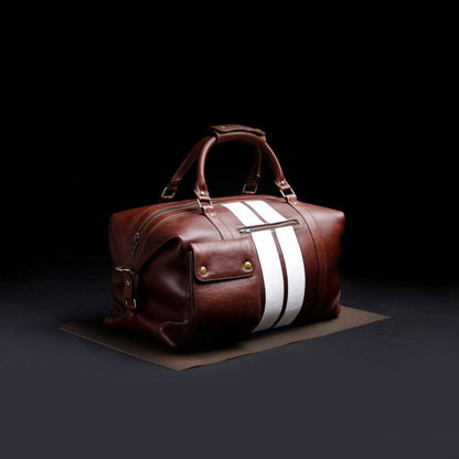 Retro Leather Duffle Bag, White Stripes, Handmade Weekender Gym Bag
