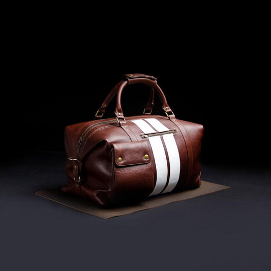 Retro Leather Duffle Bag, White Stripes, Handmade Weekender Gym Bag
