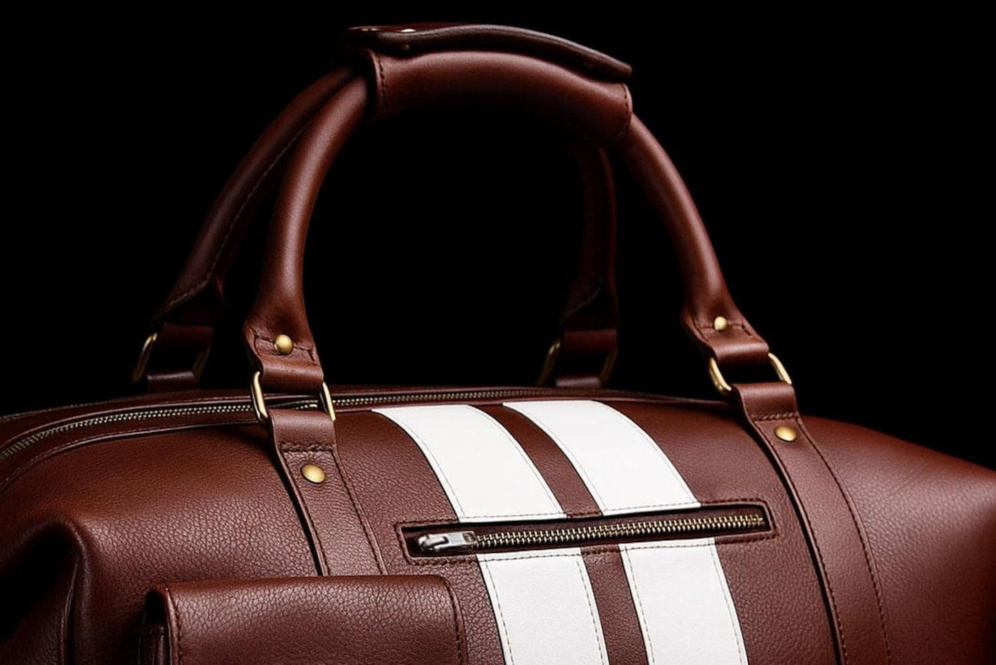 Retro Leather Duffle Bag, White Stripes, Handmade Weekender Gym Bag
